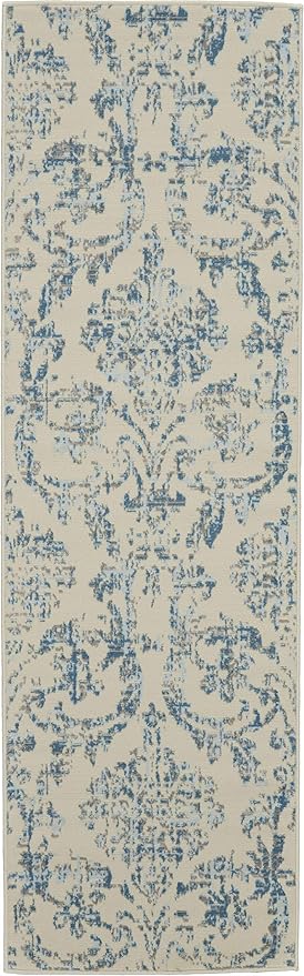 Nourison Jubilant Damask Ivory/Blue 2'3'' x 7'3'' Area-Rug, Easy-Cleaning, Non Shedding, Bed Room, Living Room, Dining Room, Kitchen (2x7)