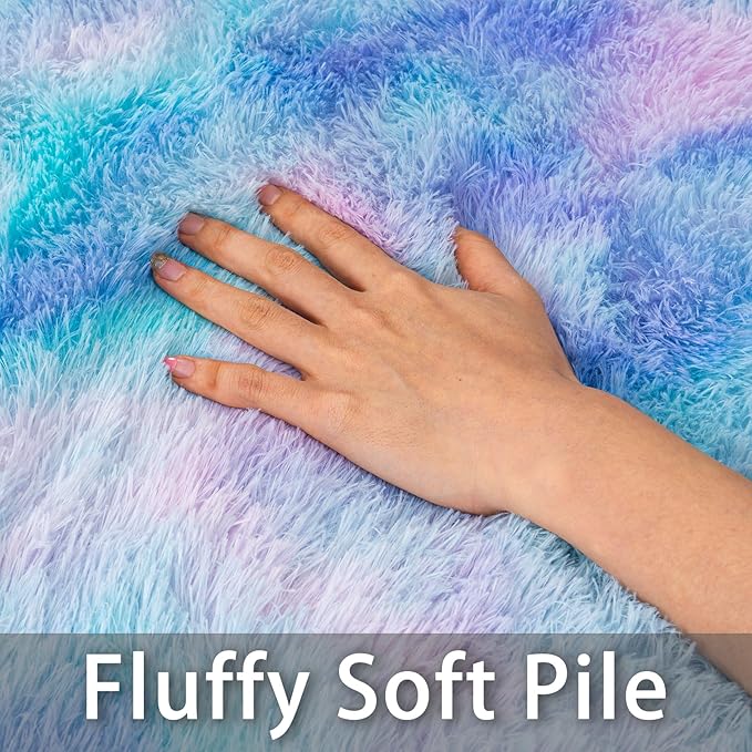Large Area Rugs 9x12 Living Room, Plush Thick Carpets for Boy and Girls Room, Modern Soft Shag Rug for Bedroom, Non Slip, Indoor Carpet for Nursery Dorms Home Decor Aesthetic, Purple Rainbow