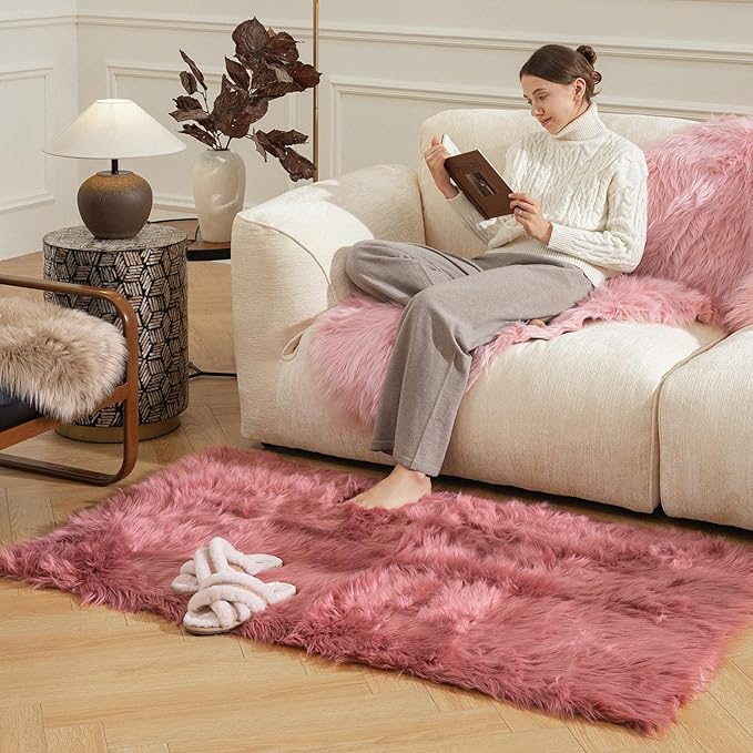Ashler Faux Fur Area Rug - Ultra Soft 3 x 5 Feet Sheepskin, Fluffy Shaggy Blush Pink, Machine Washable - Nursery Decor Throw for Bedroom, Living Room, Kids Room