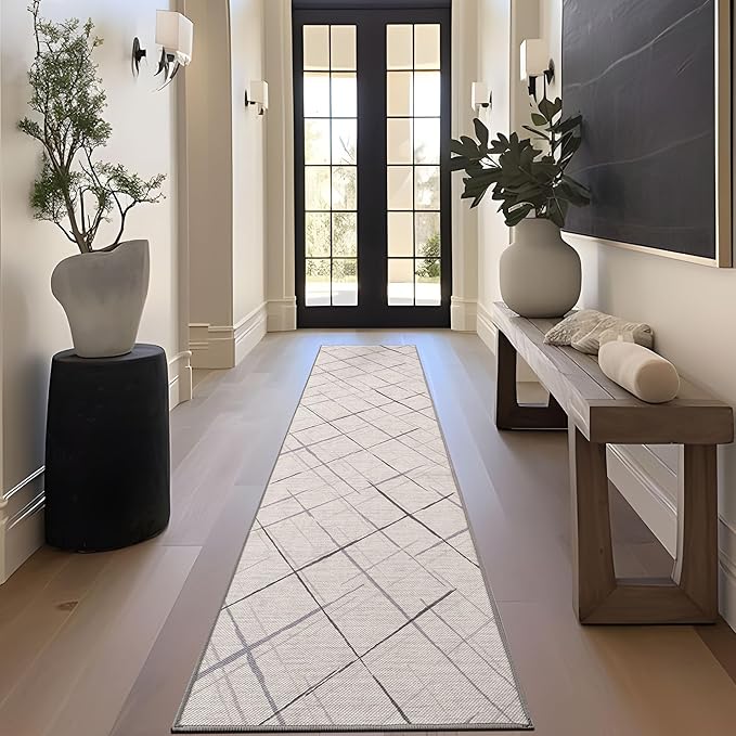Runners for Hallways Kitchen Runner Rug Non Slip 2x10 Long Washable Runner Rugs No Pile Tear and Stain Resistance, Hand Woven Style Thin Rug for Hallways, Kitchen, Laundry, Bathroom- White