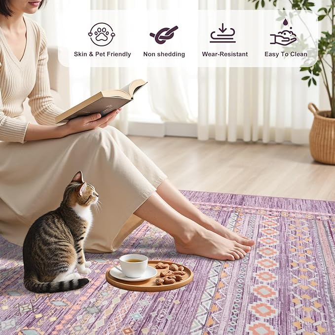 2x3 Small Rugs for Bedroom, Washable Aztec Geometric Indoor Entryway Door Rug with Non-Slip Backing, Soft Moroccan Throw Rug Western Carpet for Kitchen Home Office, Purple & Pink