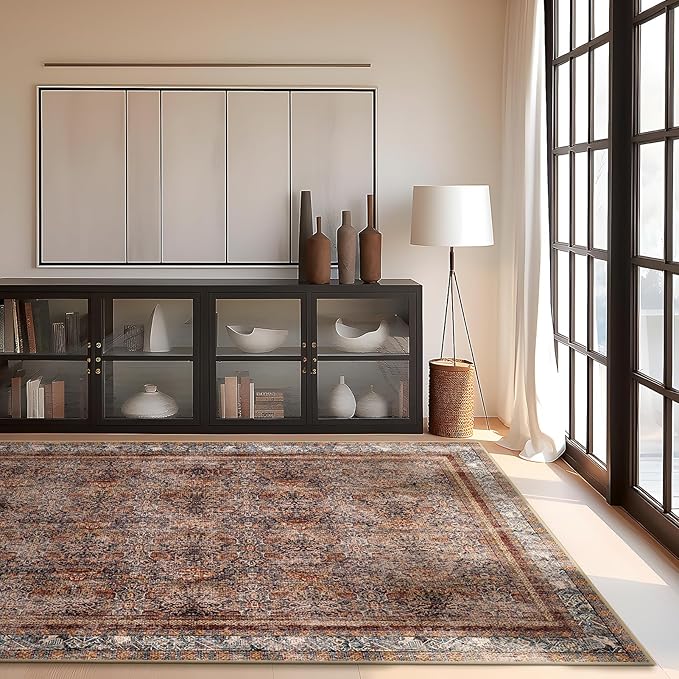 Phantoscope Vintage Collection Area Rug - 8'x10' Large Living Room Rug - Washable Boho Non-Slip for Bedroom & Dining Room, Distressed Accent Floor Carpet, Low-Pile, Brick Red/Black