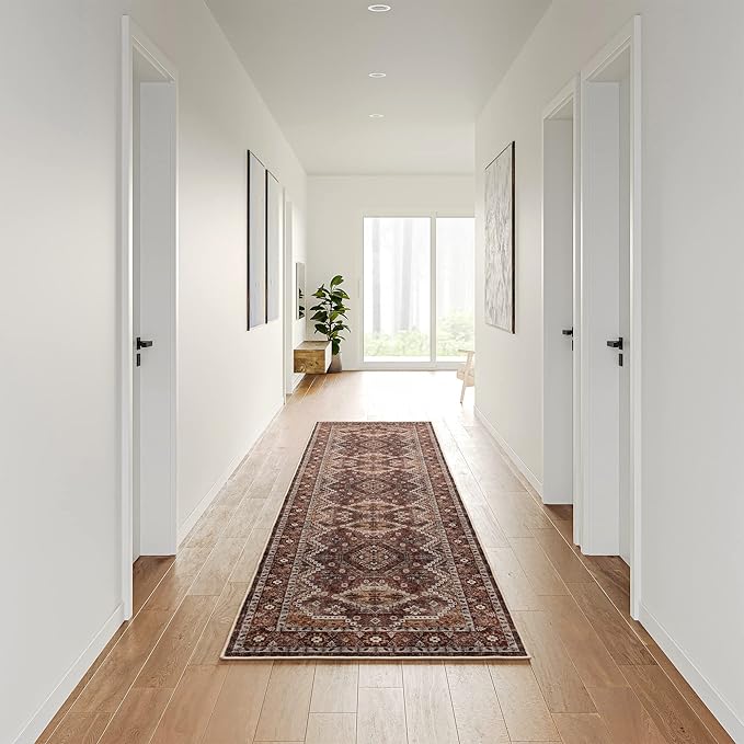 Rugland 2'6x8' Runner Rug, TPR07-Rust, Vintage Tribal, Stain Resistant, Anti-Slip Backing, Machine Washable, Low Pile, Indoor, Rug