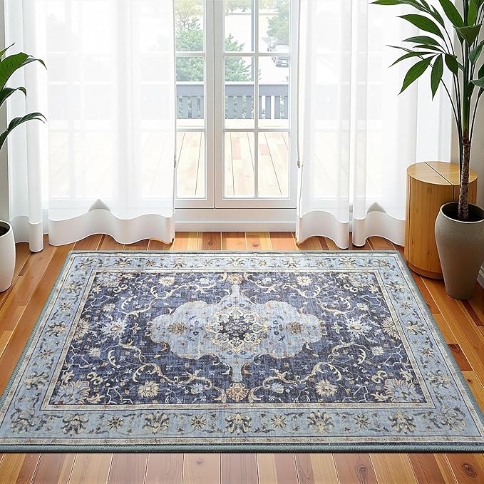 Vasofe Navy Blue 2x3 Small Front Door Mat, Bathroom Rugs, Indoor Entrance Mats, Machine Washable Low-Pile Hallway Entry Carpet, Vintage Floral Print Indoor Floor Throw Carpets for Bedside Kitchen