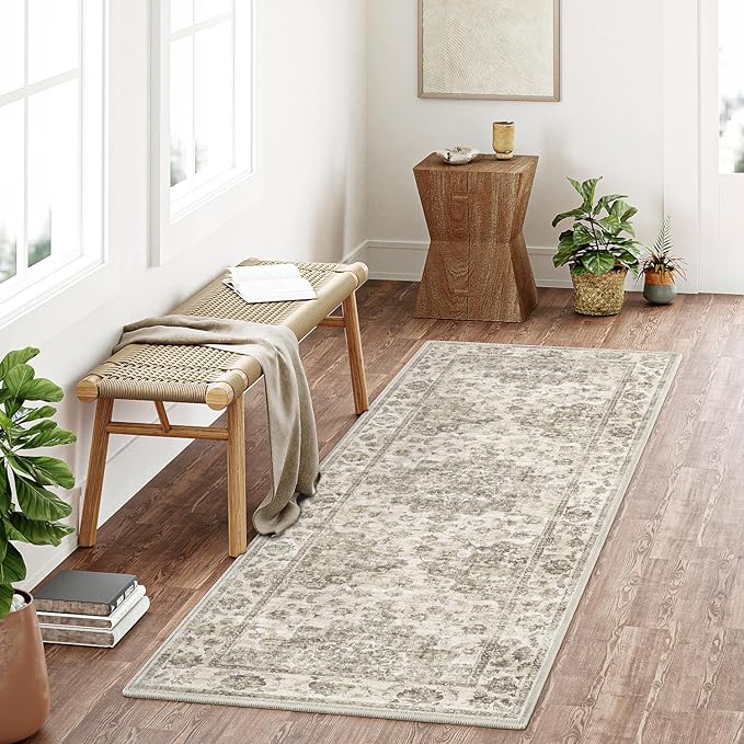 2x6 Washable Neutral Runner Rug Taupe Hallway Kitchen Non-Slip Low Pile Floral Carpet Vintage Soft Thin Throw Rug for Bathroom Bedroom Entryway Laundry Dining Room
