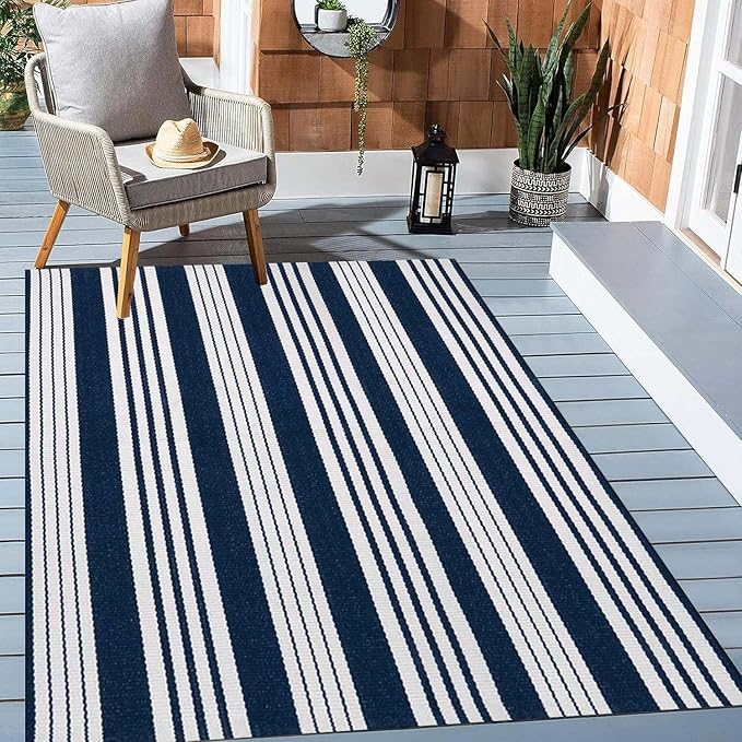 BUAGETUP Blue and White Striped Outdoor Patio Rug 4' x 6',Hand Woven Cotton Patio Rug Front Porch Rug Indoor Outdoor Area Rug for Bedroom/Living/Room/Patio