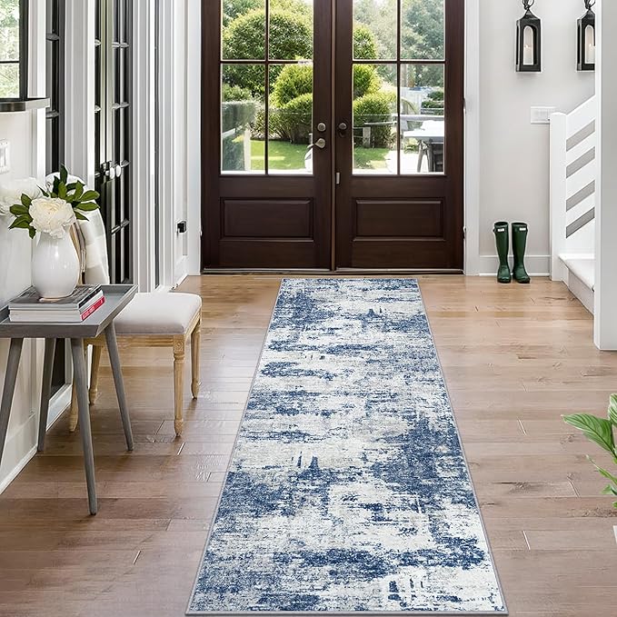 Runner Rug 2'6''x8' Washable Runner Rug: Machine Washable Kitchen Area Rug with Anti-Slip Backing Non-Shedding Stain-Resistant Long Soft Carpet Runner for Hallway, Bedroom, Laundry Room-Gray/Blue