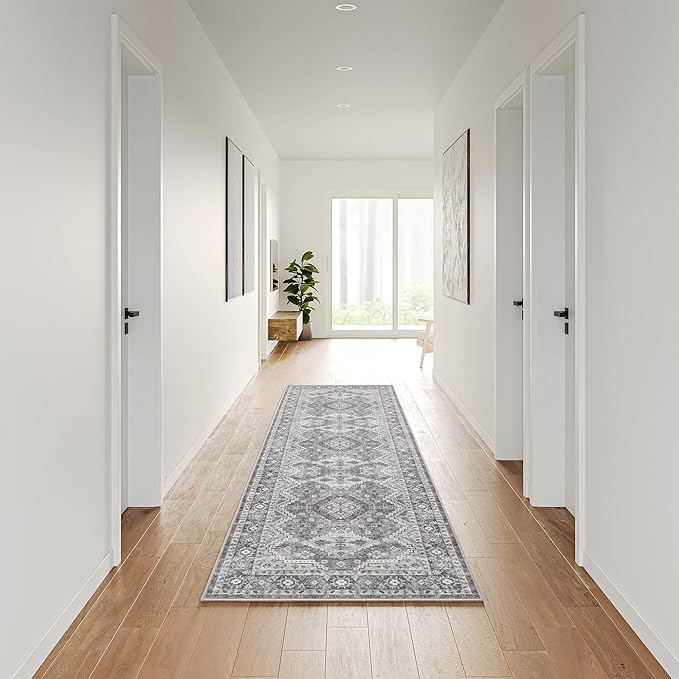Rugland 2'6x8' Runner Rug - Stain Resistant Entryway Rug, Anti Slip Backing Hallway Runner, Vintage Tribal Area Rugs (TPR07-Grey, 2'6x8')