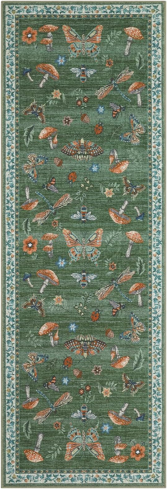 2.5x8 Runner Rug for Hallway Washable Kitchen Rugs Non Slip with Rubber Back Mushroom Soft Low-Pile Stain Resistant Foldable Indoor Carpet for Entryway Laundry Room Floor Mats Green