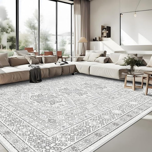 Washable Living Room Area Rug: 9x12 Large Super Soft Vintage Rugs Bedroom Oriental Indoor Rug Water Resistant Ultra Thin Carpet Non-Slip Backing Distressed Rugs for Kitchen 9x12 Grey