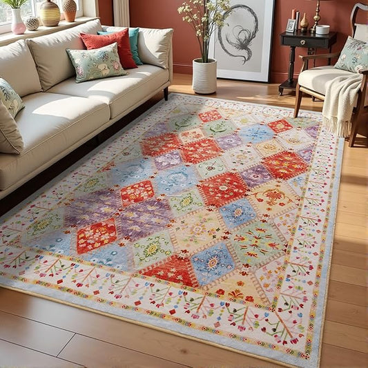 3x5 Washable Area Rug for Bedroom, Boho Non-Slip Living Room Rugs, Moroccan Floral Trellis Carpet Soft Low Pile Vintage Indoor Mat for Bedside Entryway Kitchen Laundry Room, Cream