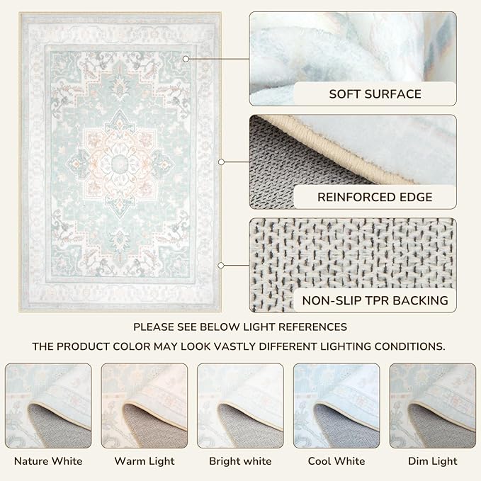 BESTSWEETIE 8x10 Area Rugs for Living Room, Washable Ultra Soft Boho Vintage Print Pattern Rug Non Slip Low Pile Carpet for Dining Room Bedroom Entryway Indoor-Light Blue