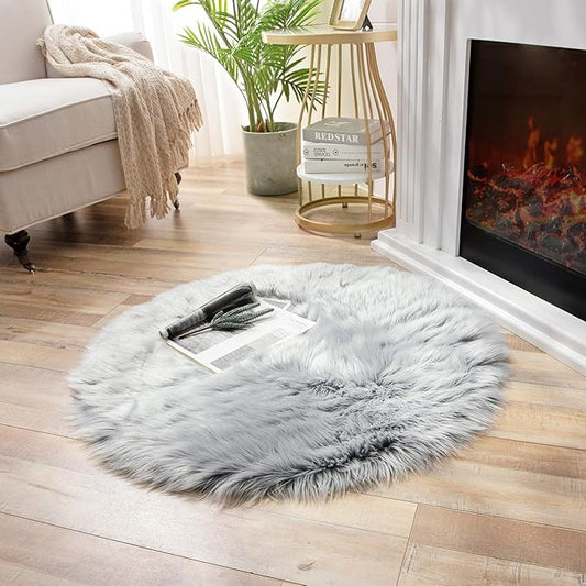 Ashler Faux Fur Rug, Fluffy Shaggy Area Rug Ultra Soft 3 x 3 Feet Round Fur Rug, Frosted Bottom Gray Fuzzy Rug Machine Washable Shag Rug, Nursery Decor Throw Rugs for Bedroom, Kids Room, Living Room