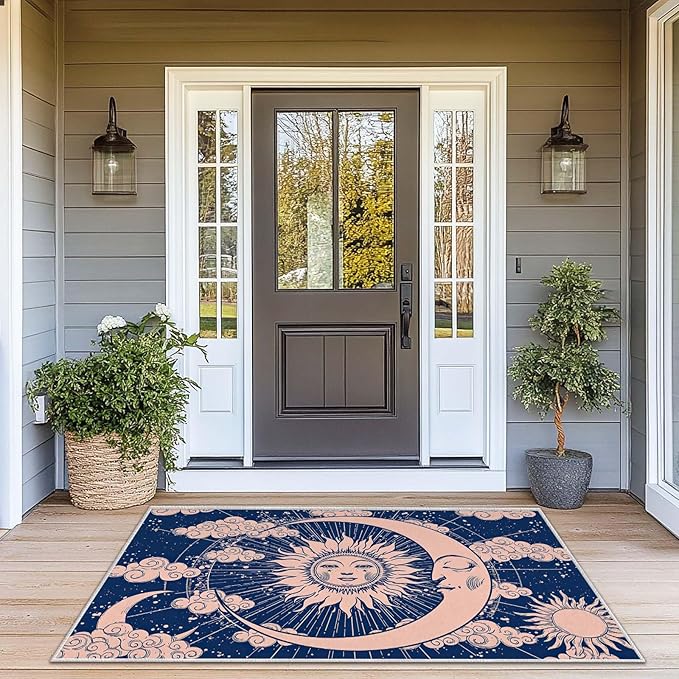3x5 Entryway Rug Hippie Tarot Celestial Sun and Moon Navy Blue Area Rug Bedroom Bedside Ultra-Thin Small Carpet Bathroom Non Slip Indoor Low Pile Door Mat Kitchen Stain Resistant Washable Machine