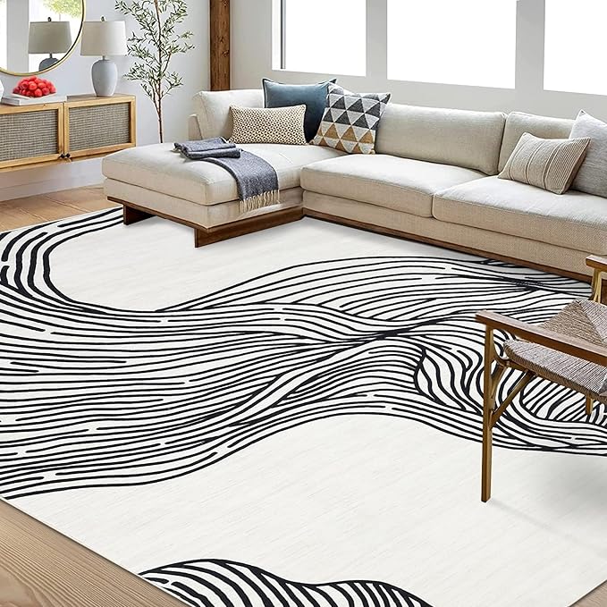 Area Rug for Living Room, Bedroom & Dining Room - 8x10 Modern Abstract Contemporary Cream Soft Faux Wool Washable Non-Slip Low Pile Accent Rug