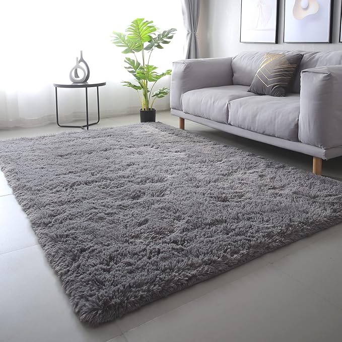 Area Rug 9x12 for Living Room - Large Soft Plush Shaggy Grey Rug for Bedroom - Modern Non-Slip Indoor Shag Fuzzy Floor Carpet
