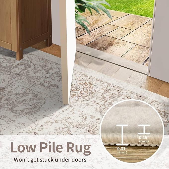 4x6 Washable Area Rug for Living Room, Vintage Neutral Boho Rugs for Office, Dining Room, Kids Room, Farmhouse, Durable Low Pile Non Slip Carpet for High Traffic Areas, Light Bown