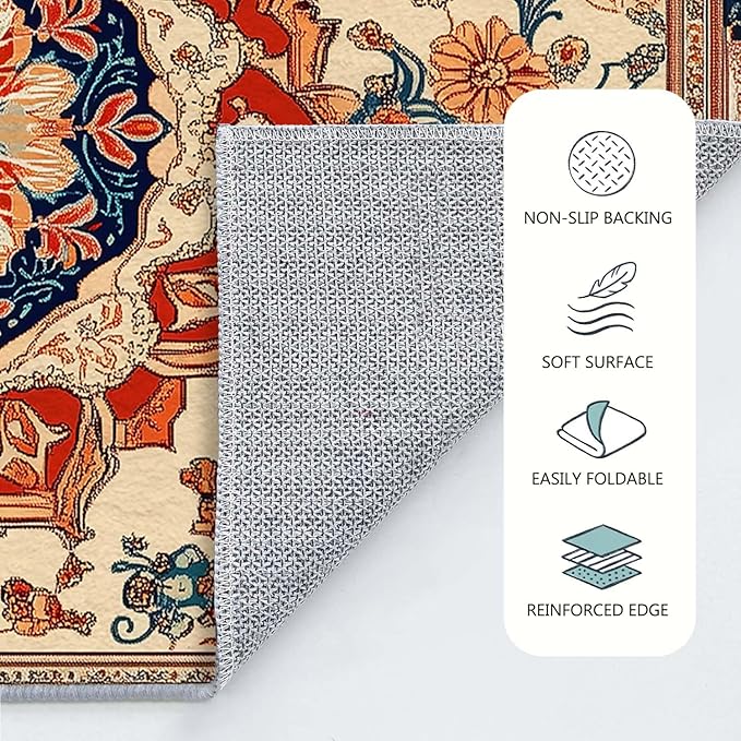 3x5 Entryway Rug Boho Orange Blue Area Rug Indoor Entrance Non Slip Door Mat Stain Resistant Washable Machine Soft Low Pile Small Carpet Bathroom Kitchen