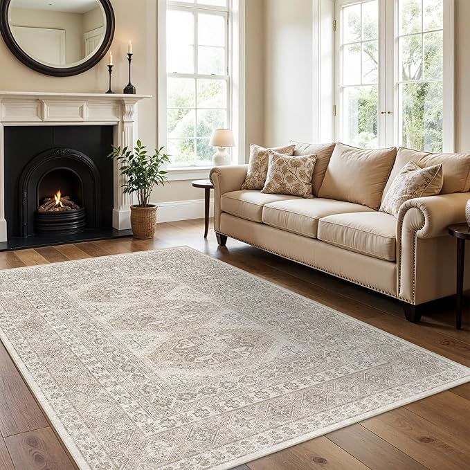 6x9 Area Rugs for Living Room:Washable Oriental Rug for Bedroom Dining Room Carpet 6 by 9 Indoor Non Slip Rubber Backing Neutral Nursery Dorm Home Office Kids Beige