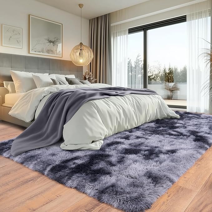 Tie-Dyed Black Fluffy Rugs for Bedroom 5x7 ft - Ultra Soft & Non Slip Shaggy Area Rug, Comfy Durable Carpet for Living Room Kids Room Teens Dorm Home Decor, 1.7'' Thick Indoor Carpets