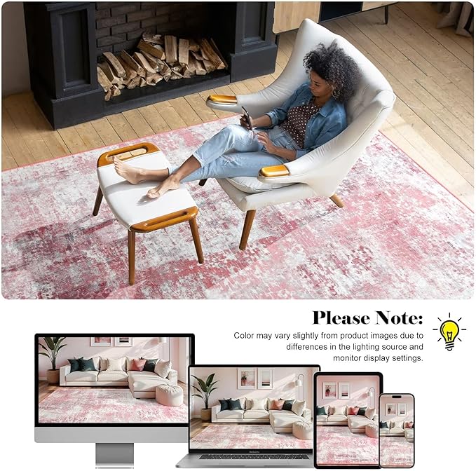 Washable Abstract Runner Rug, 2x6 Modern Area Rugs with Non-Slip Rubber Backed for Kitchen, Thin but Soft Contemporary Carpet Bedroom Entryway Hallway Decor, Pink