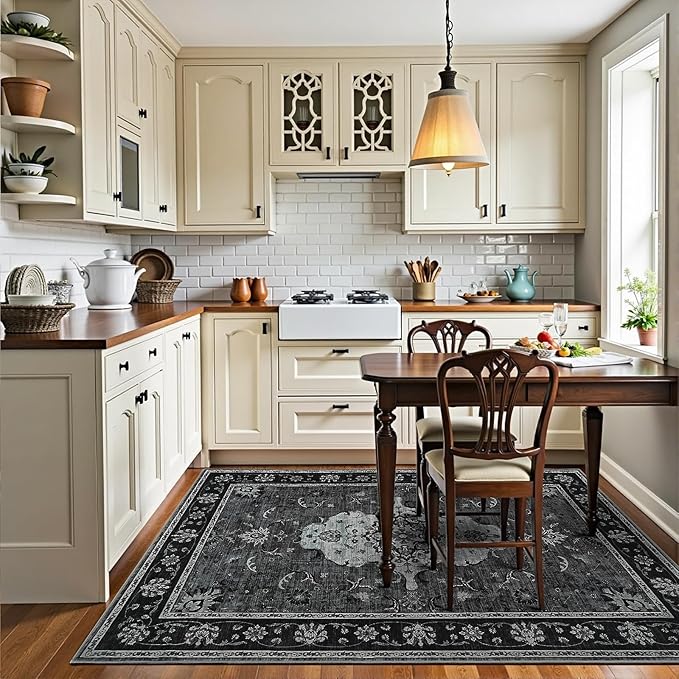 Vasofe 4x6 Area Rugs for Living Room, Machine Washable Low-Pile Carpet Rug for Bedroom, Vintage Floral Print Indoor Floor Rug for Dining Room Office Nursery Dorm Kids Room Bedside Decor, Black/Grey
