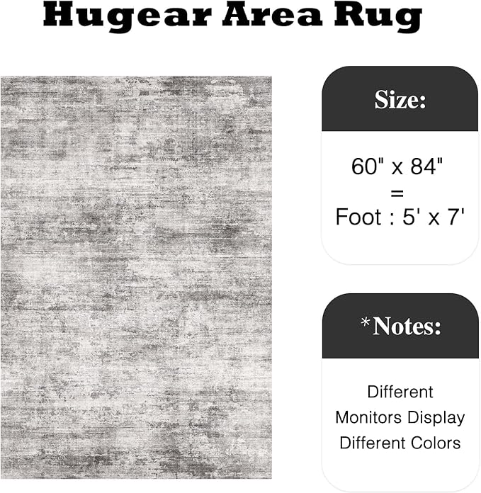 5x7 Machine Washable Rugs Gray Hallway Area Rug Indoor Accent Rug Abstract Low Pile Carpet Distressed Throw Aesthetic Rug Bedroom Living Room Office Dining Room Kitchen Laundry Room Non Slip