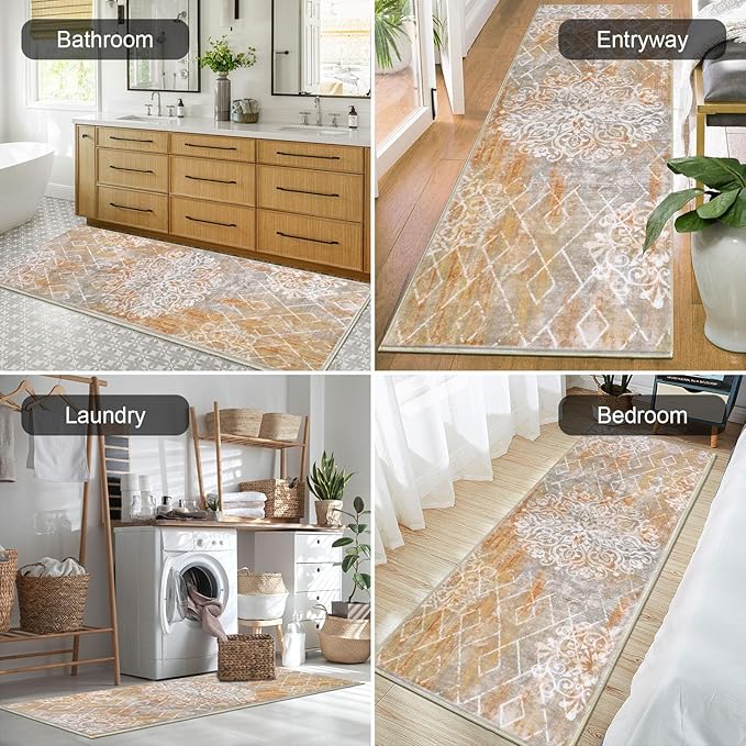 HEBE Hallway Runner Rug 2'x6' Washable Vintage Distressed Area Rugs Non Slip Laundry Rug Runner Boho Floor Carpet Runners for Hallways Entryway Laundry Room Kitchen Bathroom