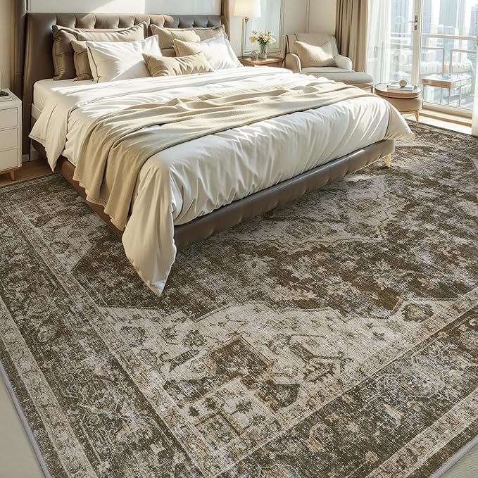 AMOAMI-3X5 Area Rug - Soft Washable Vintage Throw Accent Rug for Living Room, Bedroom, Kitchen, Bathroom, Laundry Room, Entryway - Non Slip - Brown/Coffee