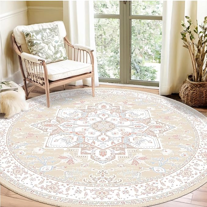 BESTSWEETIE 4ft Area Rugs for Living Room Washable Non Slip Carpet Low Pile Soft Vintage Print Pattern Rug for Bedroom Dining Room Kitchen Entryway Indoor-Cream/Light Yellow/Brown/Blue/Red/Pink