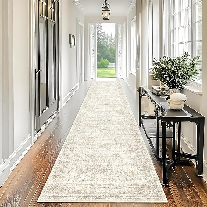 Runner Rug 2'6" x 10' Washable Non-Slip Runner Rugs for Kitchen Bathroom Laundry Room Vintage Ultra Thin Runners for Hallway Entryway Beige