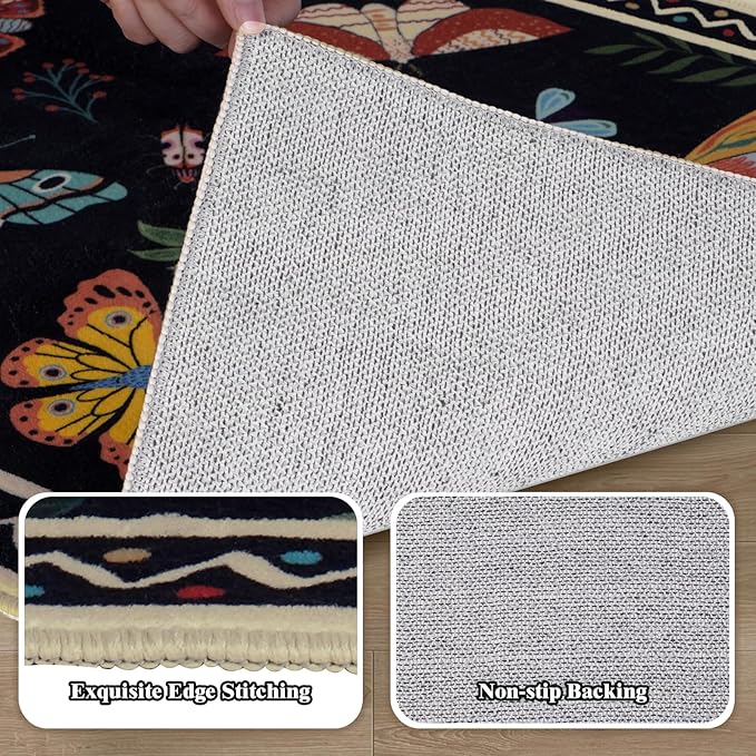 ASPMIZ Insect Area Rug 8X10 Living Room Rug, Spring Summer Washable Rug Non Slip, Farmhouse Butterfly Rugs for Living Room Low Pile, Soft Faux Wool Throw Carpet for Kids Room Dining Room, Black