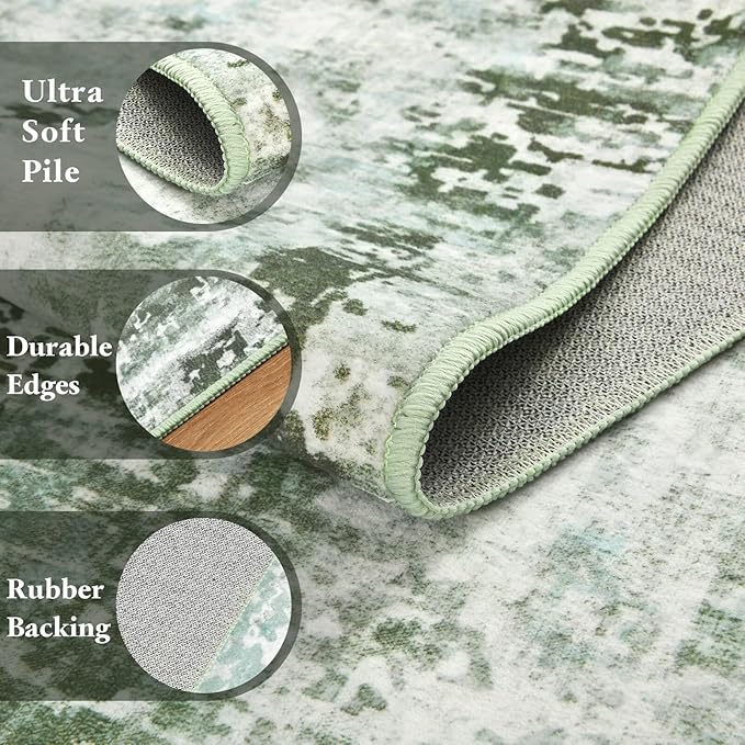 Washable Abstract Rug, 2x3 Small Modern Area Rugs with Non-Slip Rubber Backed for Kitchen, Thin but Soft Throw Carpet Bedroom Entryway Front Door Decor, Green