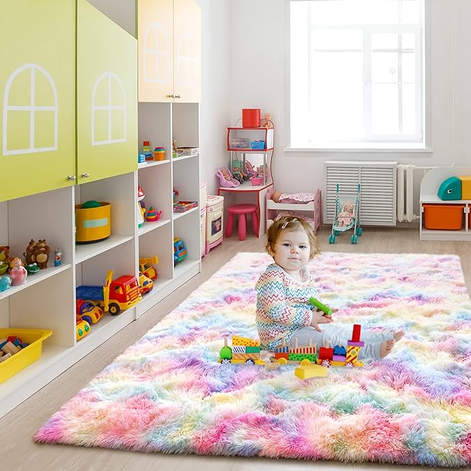 Noahas 3x5 Fluffy Pink Kids Rugs for Room,Rainbow Rug for Girls Bedroom,Soft Playroom Shag Nursery Carpets Room Decor