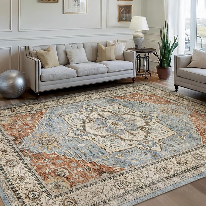 Area Rugs for Living Room 9x12 - Large Machine Washable Vintage Oriental Soft Rug, Low Pile Thin Carpet with Non Slip Backing for Bedroom, Dorm, Under Dining Room Table, Indoor House, Office Decor