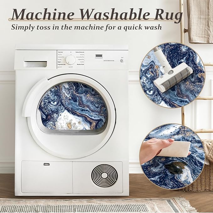 Washable Area Rug 9x12 - Artistic Style Modern Rug for Living Room Bedroom Dining Room, Soft Low Pile Machine Washable Carpet, Non Slip Non Shedding Area Rug - Dark Blue/Gold, 9'x12'