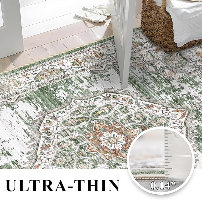 Washable Hallway Runner Rugs 3x8: Soft Ultra Thin Low Pile Carpet Machine Washable Indoor Lightweight Rug Runner Anti Slip Backing Rugs for Living Room Bedroom Kitchen 3'x8' Green