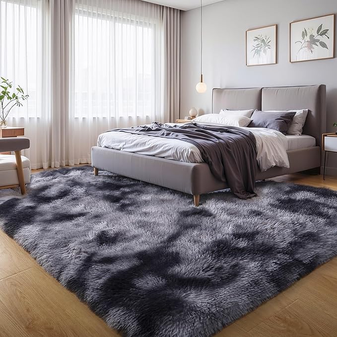 Thick Area Rug Dark Grey Fluffy 4x6 for Bedroom Living Room Washable Plush Rug for Kids Baby Nursery Soft Shag Non Slip Comfy Shaggy Rugs for Dorm Fuzzy Floor Carpet, Tie-Dye Gray