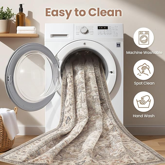 Washable Area Rugs for Living Room - 10x14 Neutral Vintage Distressed Floral Farmhouse Boho Large Soft Floor Rug Indoor Non Slip Carpet for Bedroom Dining Room Office - Brown/Multi