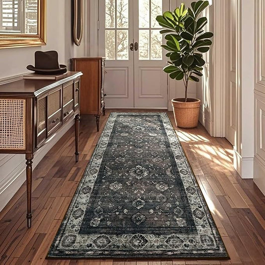 2x6 Runner Rug,Washable Kitchen Rugs with Non-Slip Backing,Low Pile Vintage Rug for Kitchen Floor, Hallway,Bathroom,Bedroom,Brown
