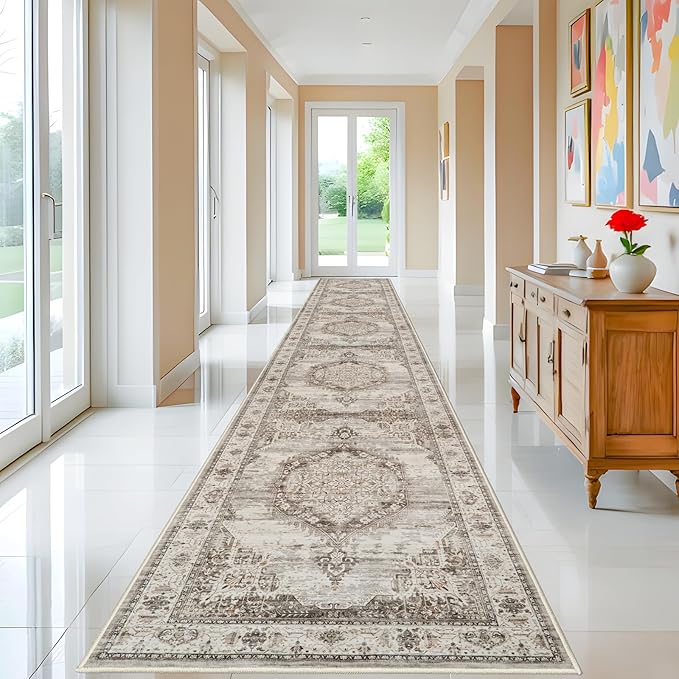 Washable Hallway Runner Rugs 3x20: Soft Ultra Thin Low Pile Carpet Machine Washable Indoor Lightweight Rug Runner Anti Slip Backing Rugs for Living Room Bedroom Kitchen 3'x20' Beige