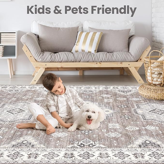 Washable Area Rugs for Living Room -10x14 Neutral Vintage Distressed Floral Farmhouse Boho Large Soft Floor Rug Indoor Non Slip Carpet for Living Room Bedroom Dining Room Office - Dark Brown