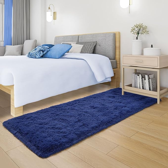 Tepook Soft Runner Rugs for Bedroom 2x6 ft with Rubber Backing, Navy Fluffy Rugs for Living Room, Shag Bedside Rug Fuzzy Plush Carpet for Room, Area Rug for Dorm Nursery Hallway Indoor Home Decor