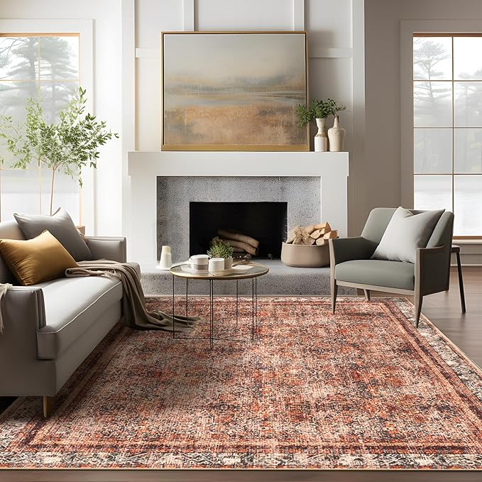 Phantoscope Vintage Collection Area Rug 6'x9' - Large Living Room Rug - Washable Rug Boho Rugs Non-Slip for Bedroom Dining Room, Low-Pile Floor Carpet Distressed Accent Rug, Brick Red/Black