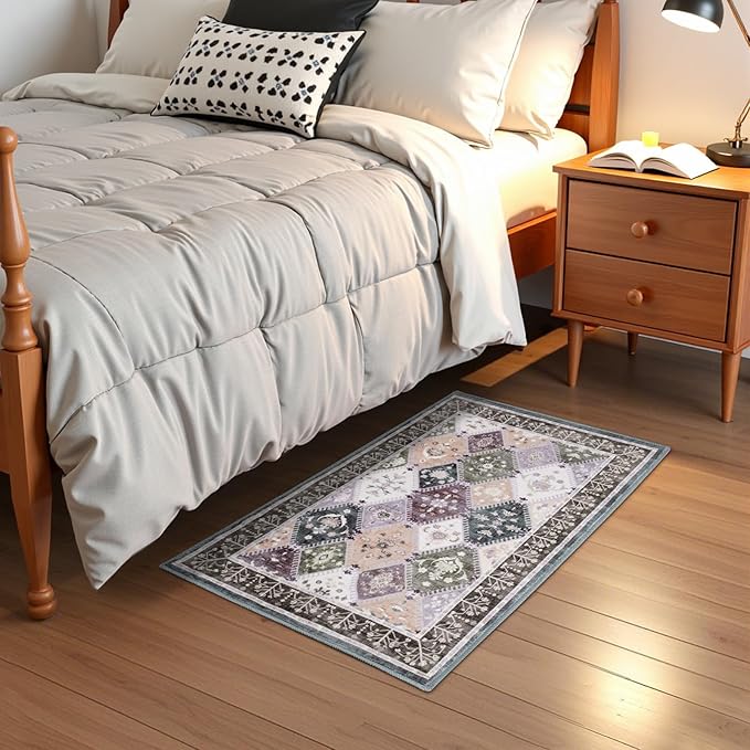 2x3 Small Washable Area Rug for Entryway, Boho Non-Slip Indoor Kitchen Rugs, Moroccan Floral Trellis Carpet Soft Low Pile Vintage Throw Mat for Bedroom Bathroom Front Door, Teal/Grey