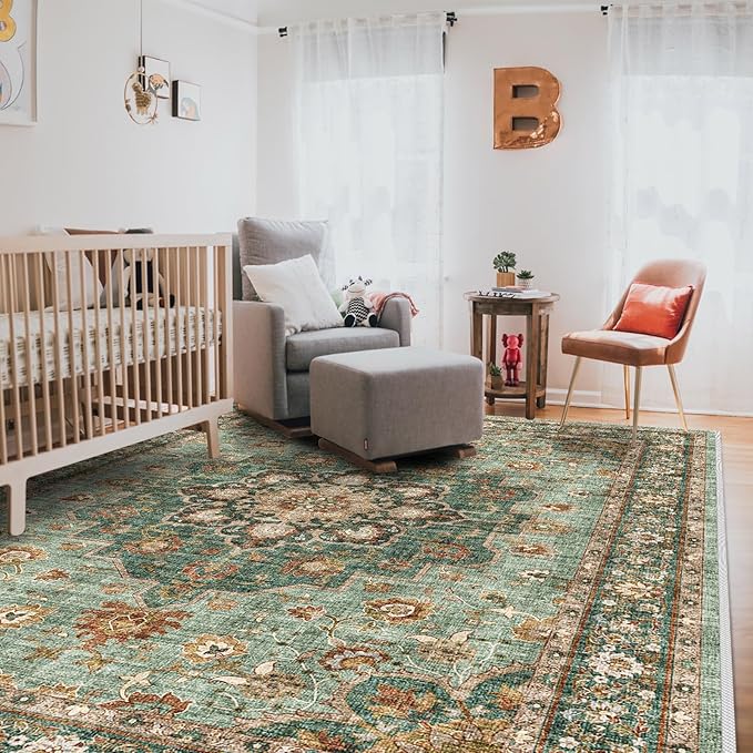 Washable Oriental Area Rug - 8x10 Rugs for Living Room Soft Carpet for Bedroom Waterproof Floral Distressed Indoor Stain Resistant Non-Shedding Floor Carpets (Green, 8x10)