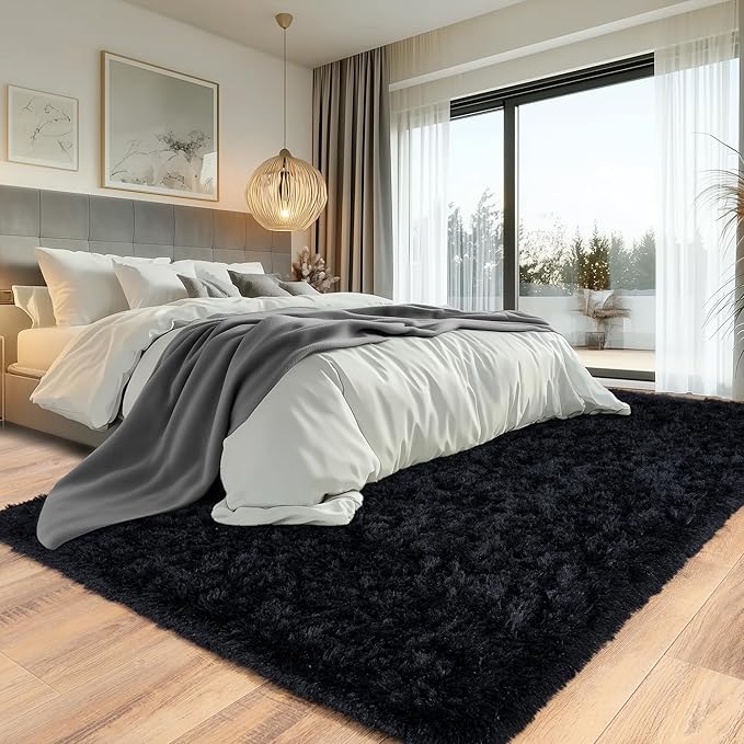Black Fluffy Rug for Bedroom 5x7 ft - Ultra Soft & Non Slip Shaggy Area Rug, Comfy Durable Carpet for Living Room Kids Room Teens Dorm Home Decor, 1.7'' Thick Indoor Plush Carpets