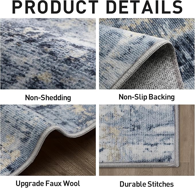 10x14 Area Rugs Washable Rug: Modern Abstract Living Room Rug Soft Anti-Skid Thin Carpet Indoor Floor Non-Shedding Carpets for Bedroom Dining Room Farmhouse Nursery Home Office Blue Gold