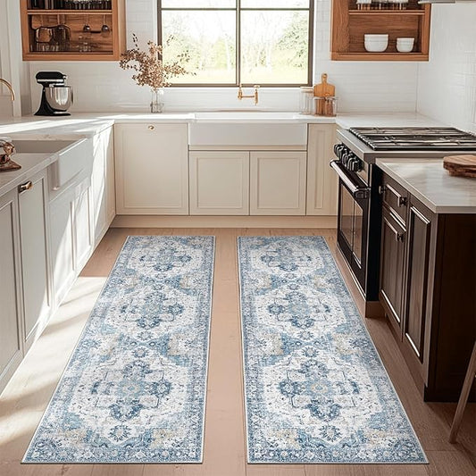 jinchan Runner Rug 3x8-2pcs Vintage Hallway Rug Kitchen Washable Runner Retro Floor Cover Lightweight Non-Slip Thin Distressed Carpet for Entryway Bathroom Laundry Room Bedroom Stairway Blue
