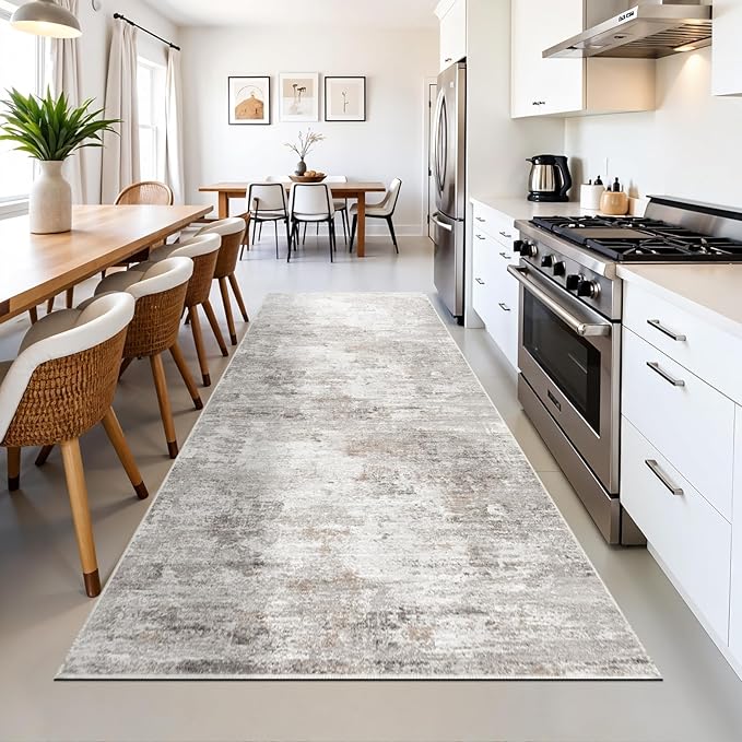 3x10 Ft Long Hallway Runner Rug - Non-Slip Washable Kitchen Runner Rug with Rubber Backing | Modern Abstract Wide Floor Carpet Runner for Indoor Entryway, Bedroom, Living Room, Beige/Grey/Brown